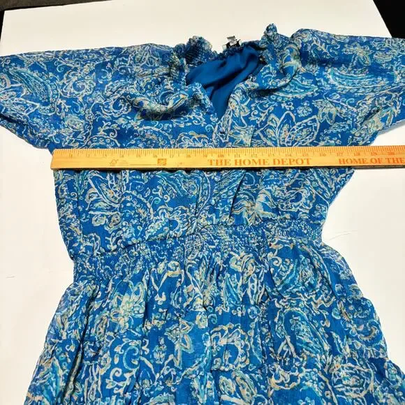 Fate Blue Paisley Smocked Waist Mini Dress Long Sleeve Boho Size L - Picture 4 of 4